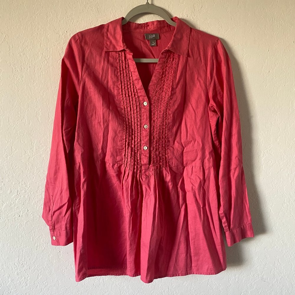 J Jill Womens Blouse Dark Pink Casual V Neck Size XS Casual Long Sleeve Button